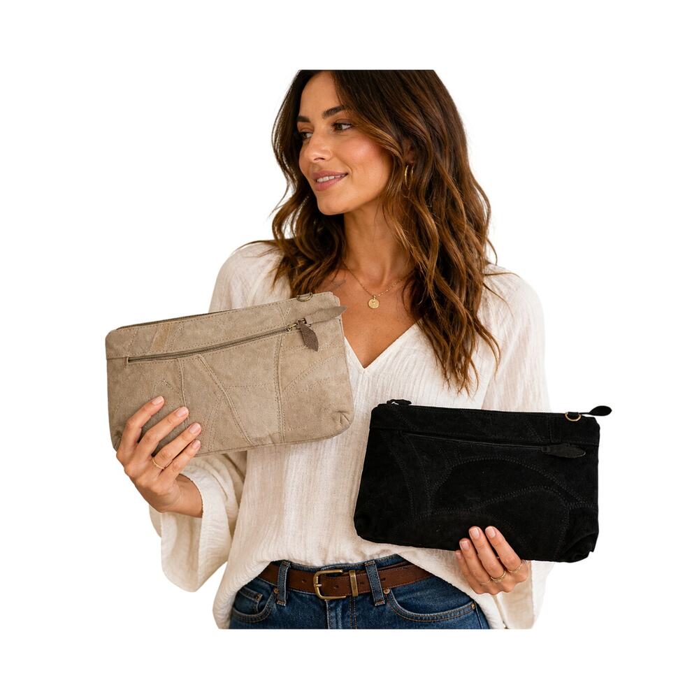 Suede Patchwork Clutch Bundle Boho Neutral Black Beige Wristlet Bags Set of 2